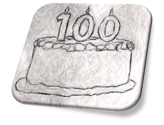 Sketch of a birthday cake with candles reading 100