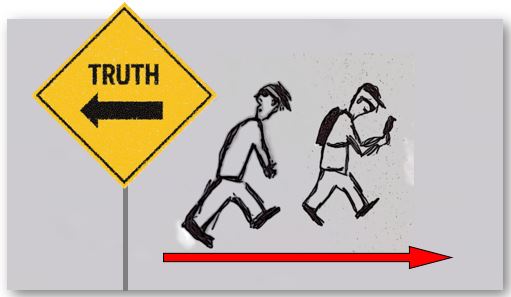 Two people walking away from a road sign pointing towards TRUTH, one of them staring at his phone