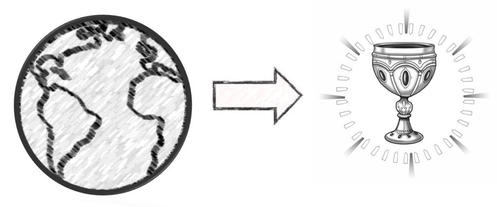 The world with an arrow pointing to the holy grail